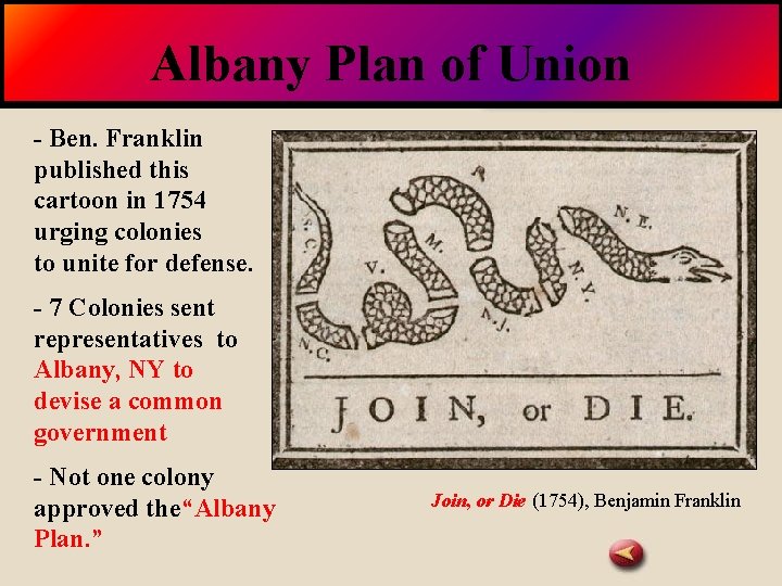 Albany Plan of Union BACK TO LESSON - Ben. Franklin published this cartoon in