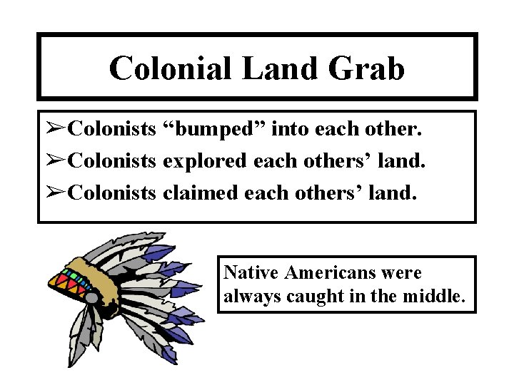 Colonial Land Grab ➢Colonists “bumped” into each other. ➢Colonists explored each others’ land. ➢Colonists