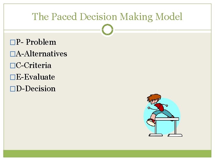 The Paced Decision Making Model �P- Problem �A-Alternatives �C-Criteria �E-Evaluate �D-Decision 