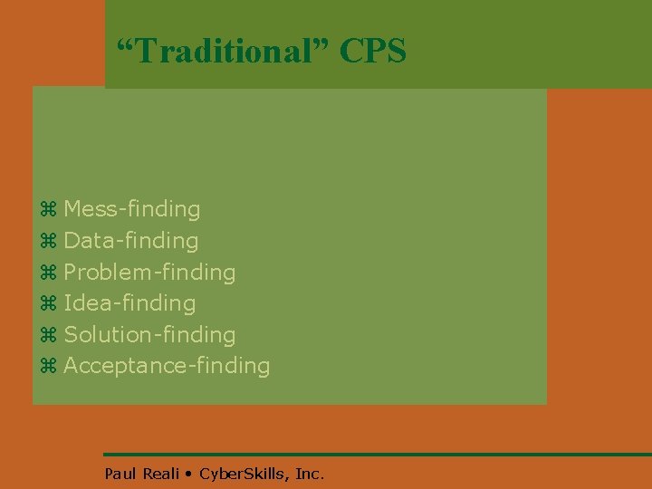“Traditional” CPS z Mess-finding z Data-finding z Problem-finding z Idea-finding z Solution-finding z Acceptance-finding