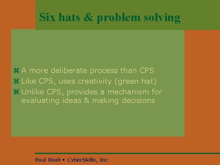 Six hats & problem solving z A more deliberate process than CPS z Like