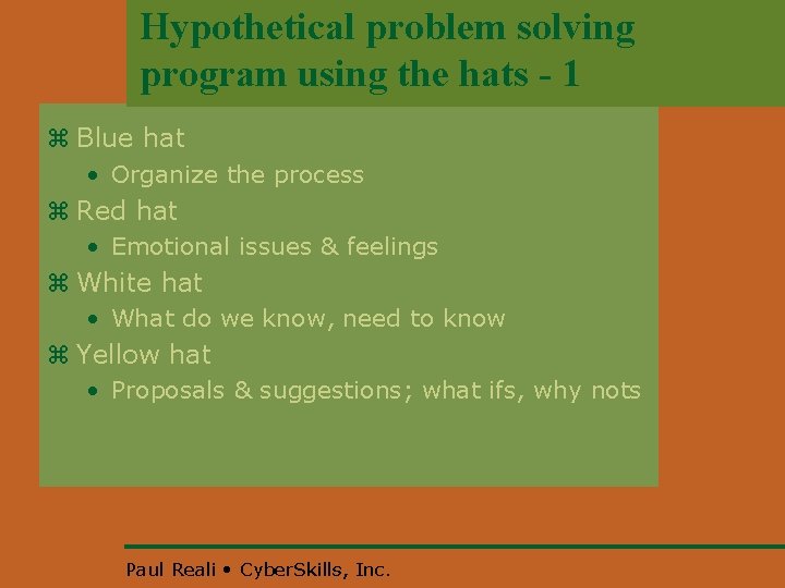 Hypothetical problem solving program using the hats - 1 z Blue hat • Organize
