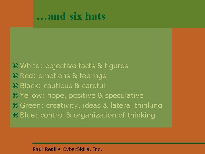 …and six hats z White: objective facts & figures z Red: emotions & feelings