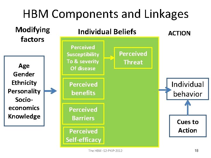 HBM Components and Linkages Modifying factors Age Gender Ethnicity Personality Socioeconomics Knowledge Individual Beliefs