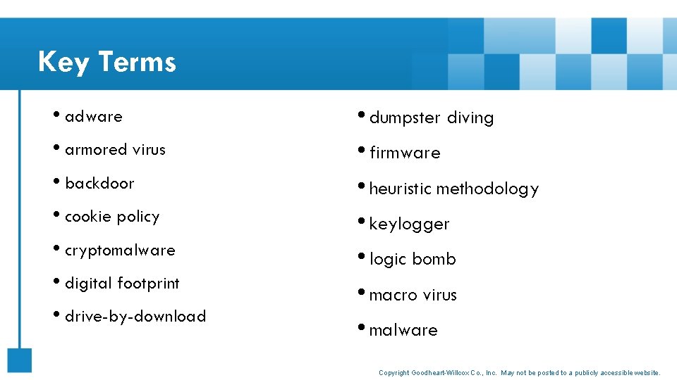 Key Terms • adware • armored virus • backdoor • cookie policy • cryptomalware