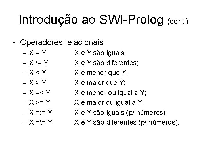 Introdução ao SWI-Prolog (cont. ) • Operadores relacionais – – – – X=Y X