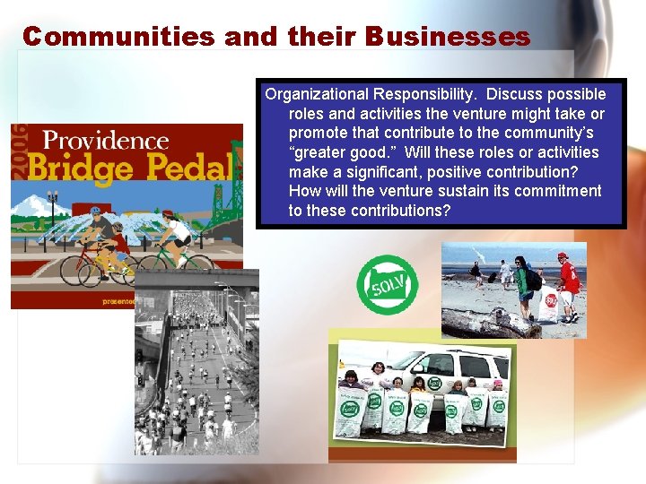 Communities and their Businesses Organizational Responsibility. Discuss possible roles and activities the venture might