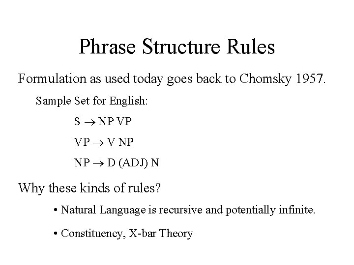 Phrase Structure Rules Formulation as used today goes back to Chomsky 1957. Sample Set Phrase Structure Rules Formulation as used today goes back to Chomsky 1957. Sample Set