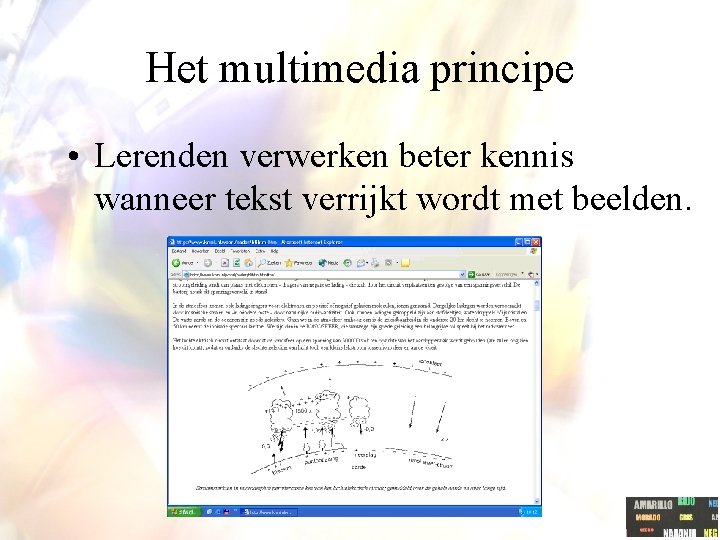 Het multimedia principe • Lerenden verwerken beter kennis wanneer tekst verrijkt wordt met beelden.