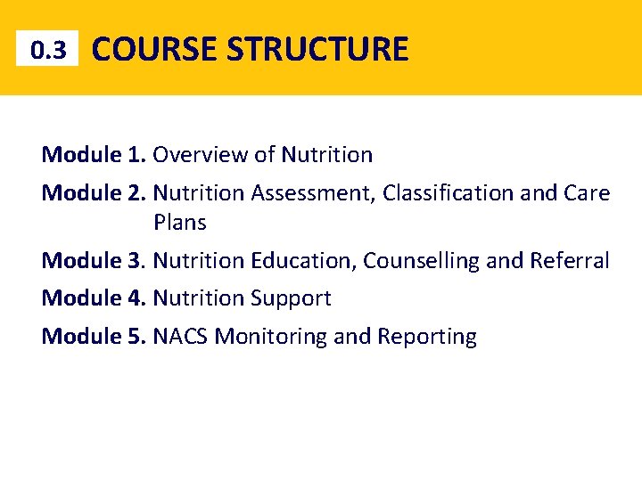 0. 3 COURSE STRUCTURE Module 1. Overview of Nutrition Module 2. Nutrition Assessment, Classification