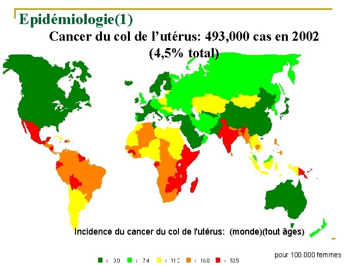 Epidémiologie(1) Cancer du col de l’utérus: 493, 000 cas en 2002 (4, 5% total)