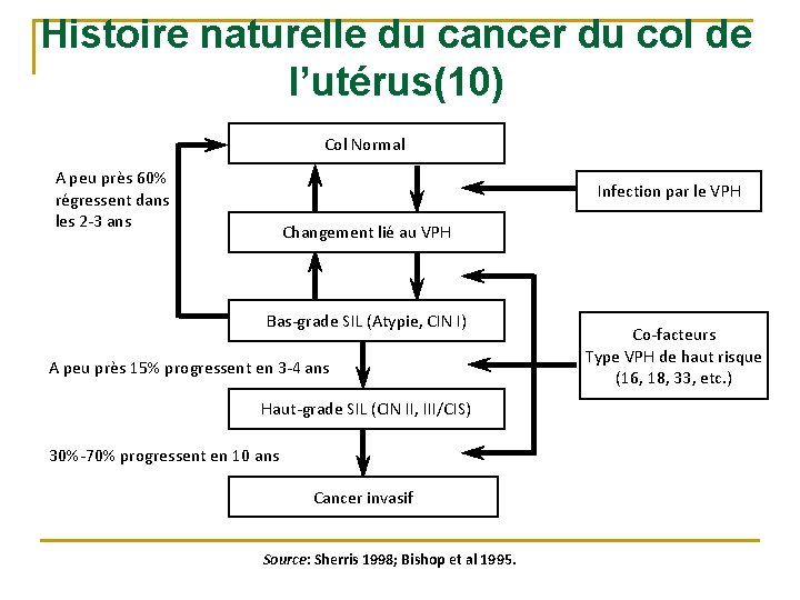 Histoire naturelle du cancer du col de l’utérus(10) Col Normal A peu près 60%