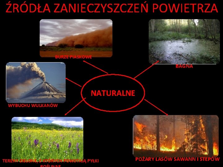 ŹRÓDŁA ZANIECZYSZCZEŃ POWIETRZA BURZE PIASKOWE BAGNA NATURALNE WYBUCHU WULKANÓW TERENY ZIELONE, Z KTÓRYCH POWSTAJĄ