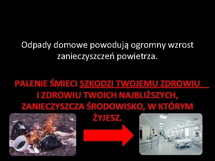 Odpady domowe powodują ogromny wzrost zanieczyszczeń powietrza. PALENIE ŚMIECI SZKODZI TWOJEMU ZDROWIU I ZDROWIU