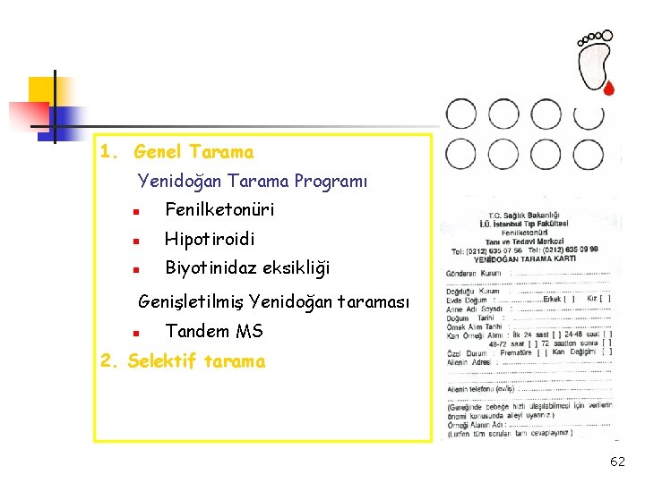 1. Genel Tarama Yenidoğan Tarama Programı Fenilketonüri Hipotiroidi Biyotinidaz eksikliği Genişletilmiş Yenidoğan taraması Tandem