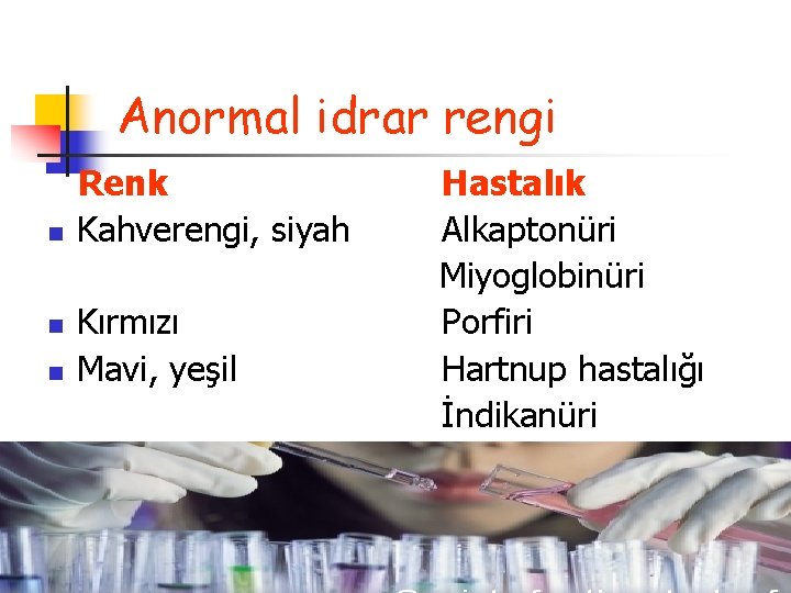Anormal idrar rengi Renk Kahverengi, siyah Kırmızı Mavi, yeşil Hastalık Alkaptonüri Miyoglobinüri Porfiri Hartnup