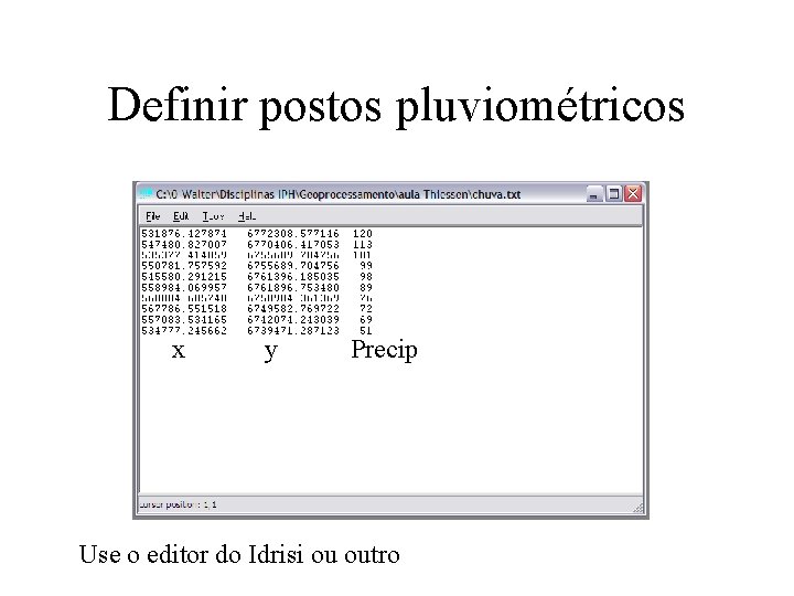 Definir postos pluviométricos x y Precip Use o editor do Idrisi ou outro 