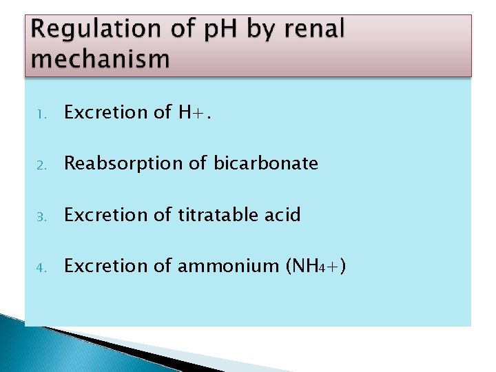 1. Excretion of H+. 2. Reabsorption of bicarbonate 3. Excretion of titratable acid 4.