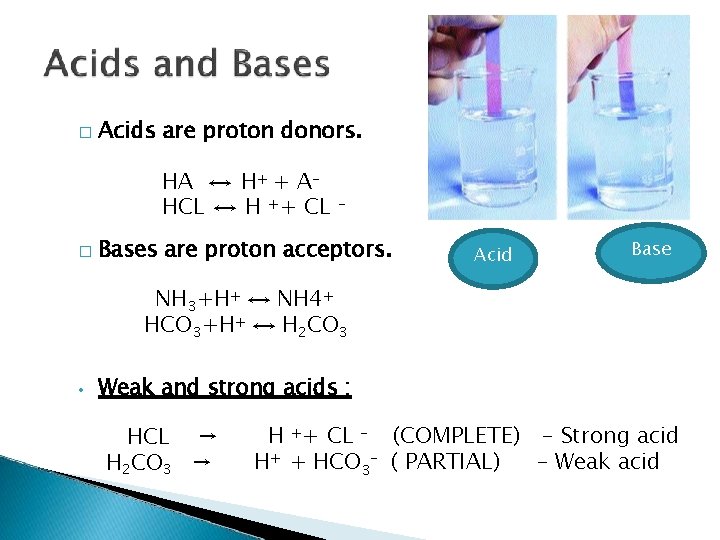 � Acids are proton donors. HA ↔ H+ + AHCL ↔ H ++ CL