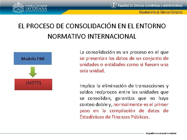 EL PROCESO DE CONSOLIDACIÓN EN EL ENTORNO NORMATIVO INTERNACIONAL Modelo FMI (MEFP) La consolidación