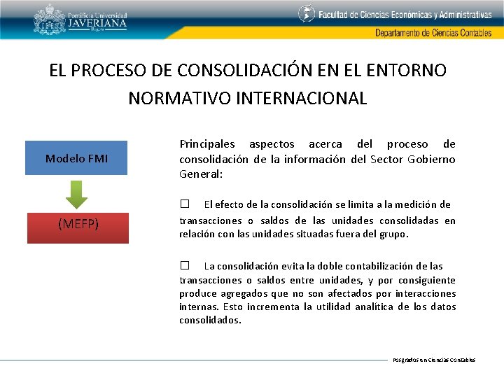 EL PROCESO DE CONSOLIDACIÓN EN EL ENTORNO NORMATIVO INTERNACIONAL Modelo FMI Principales aspectos acerca