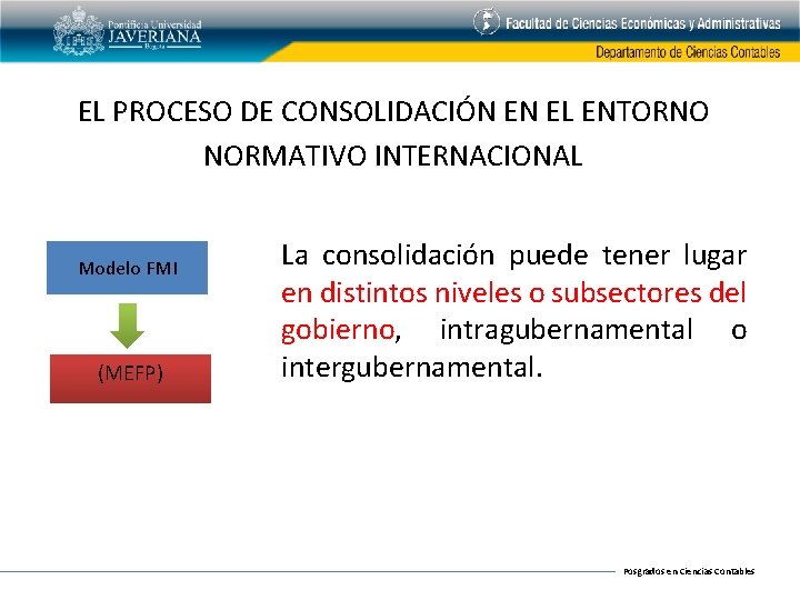 EL PROCESO DE CONSOLIDACIÓN EN EL ENTORNO NORMATIVO INTERNACIONAL Modelo FMI (MEFP) La consolidación