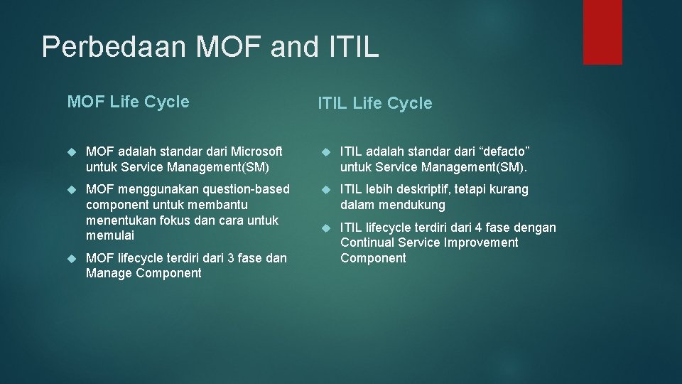 Perbedaan MOF and ITIL MOF Life Cycle ITIL Life Cycle MOF adalah standar dari