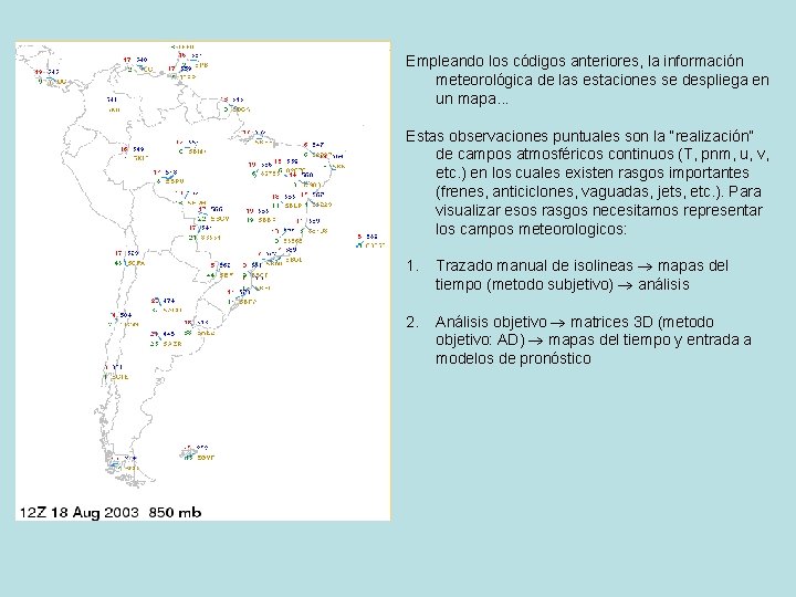 Empleando los códigos anteriores, la información meteorológica de las estaciones se despliega en un