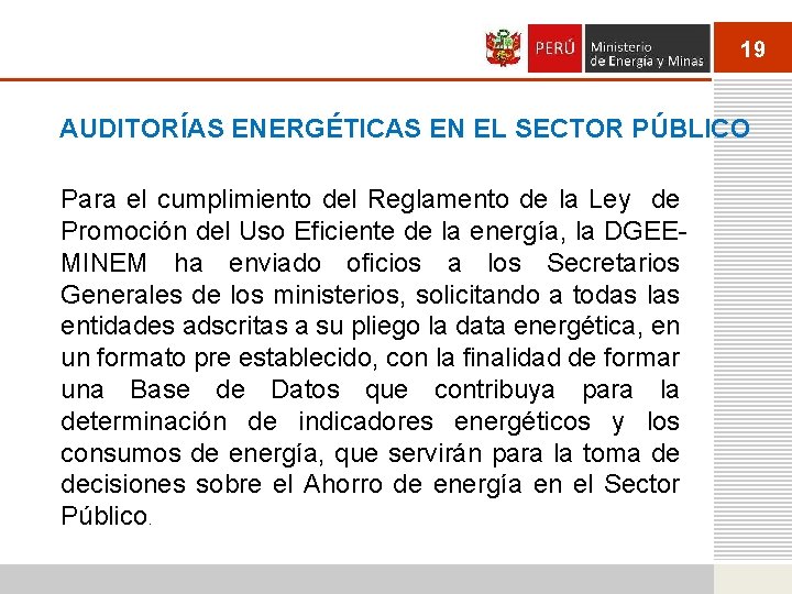 19 AUDITORÍAS ENERGÉTICAS EN EL SECTOR PÚBLICO Para el cumplimiento del Reglamento de la