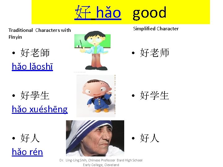 好 hǎo good Traditional Characters with Pinyin Simplified Character • 好老師 hǎo lǎoshī • 好 hǎo good Traditional Characters with Pinyin Simplified Character • 好老師 hǎo lǎoshī •