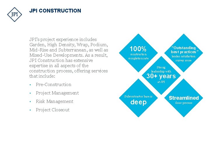 JPI CONSTRUCTION JPI’s project experience includes Garden, High Density, Wrap, Podium, Mid-Rise and Subterranean,