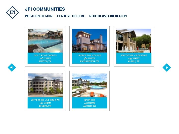 JPI COMMUNITIES WESTERN REGION CENTRAL REGION NORTHEASTERN REGION CIELO APARTMENTS 326 UNITS AUSTIN, TX