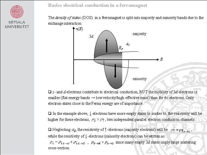 Basics electrical conduction in a ferromagnet The density of states (DOS) in a ferromagnet
