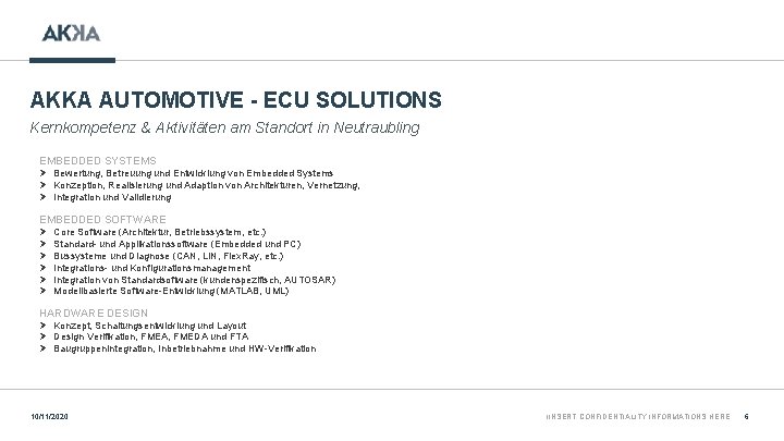 AKKA AUTOMOTIVE - ECU SOLUTIONS Kernkompetenz & Aktivitäten am Standort in Neutraubling EMBEDDED SYSTEMS