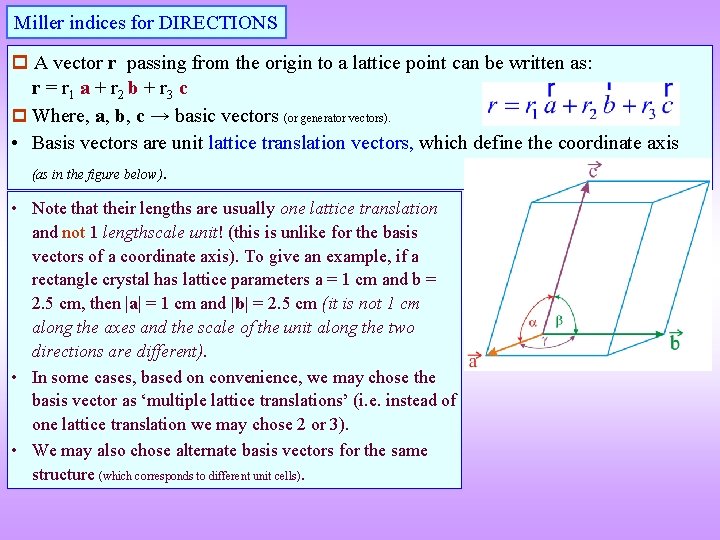 Miller indices for DIRECTIONS A vector r passing from the origin to a lattice