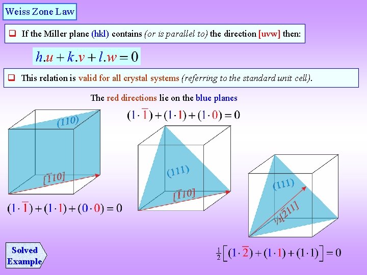 Weiss Zone Law q If the Miller plane (hkl) contains (or is parallel to)