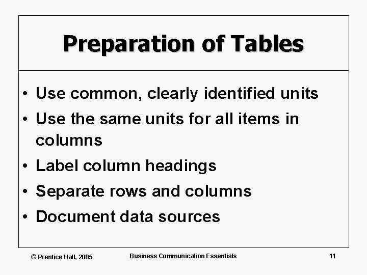 Preparation of Tables • Use common, clearly identified units • Use the same units