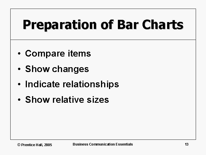 Preparation of Bar Charts • Compare items • Show changes • Indicate relationships •