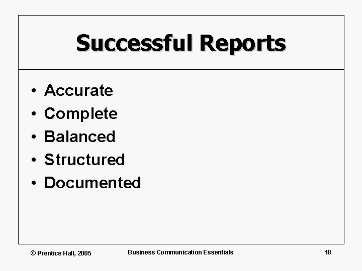 Successful Reports • • • Accurate Complete Balanced Structured Documented © Prentice Hall, 2005