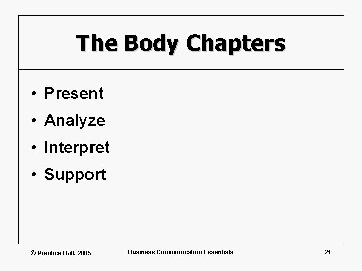 The Body Chapters • Present • Analyze • Interpret • Support © Prentice Hall,