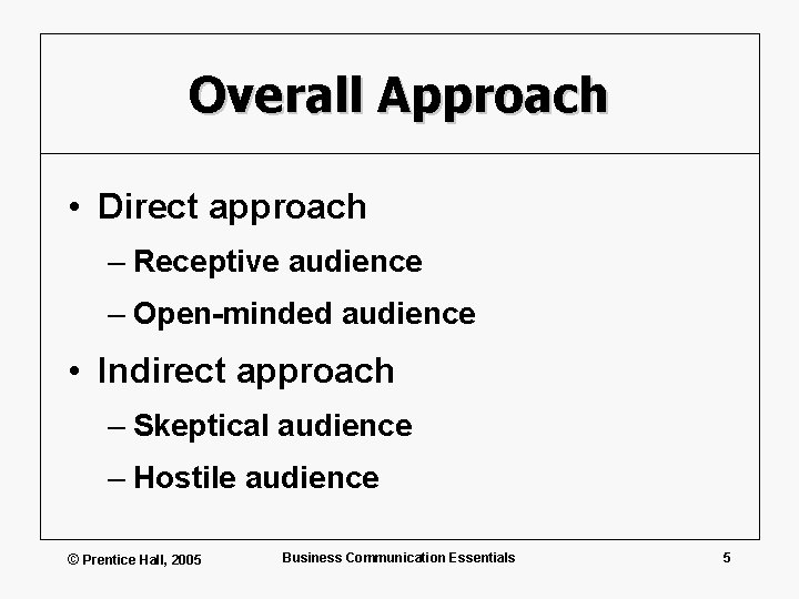 Overall Approach • Direct approach – Receptive audience – Open-minded audience • Indirect approach