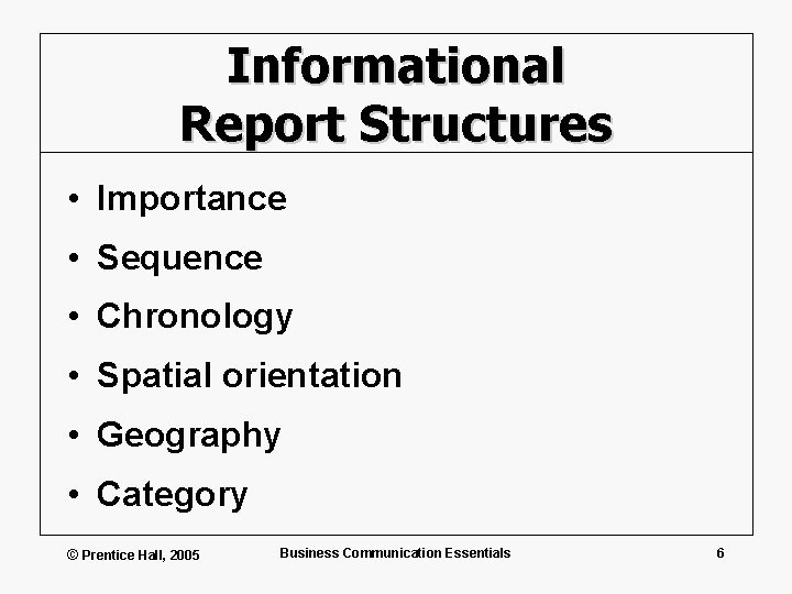 Informational Report Structures • Importance • Sequence • Chronology • Spatial orientation • Geography