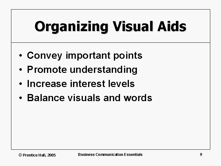 Organizing Visual Aids • • Convey important points Promote understanding Increase interest levels Balance