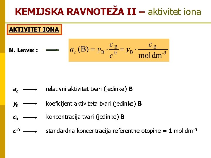 KEMIJSKA RAVNOTEŽA II – aktivitet iona AKTIVITET IONA N. Lewis : ac relativni aktivitet