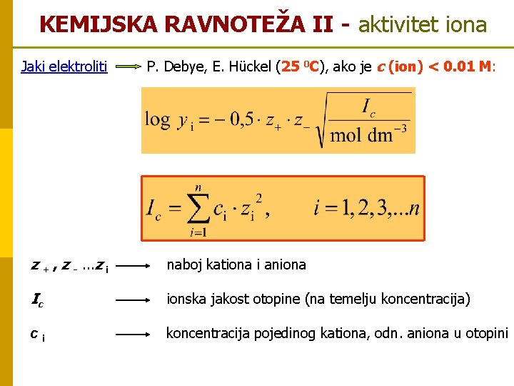 KEMIJSKA RAVNOTEŽA II - aktivitet iona Jaki elektroliti P. Debye, E. Hückel (25 0