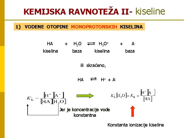 KEMIJSKA RAVNOTEŽA II- kiseline 1) VODENE OTOPINE MONOPROTONSKIH KISELINA HA kiselina + H 2