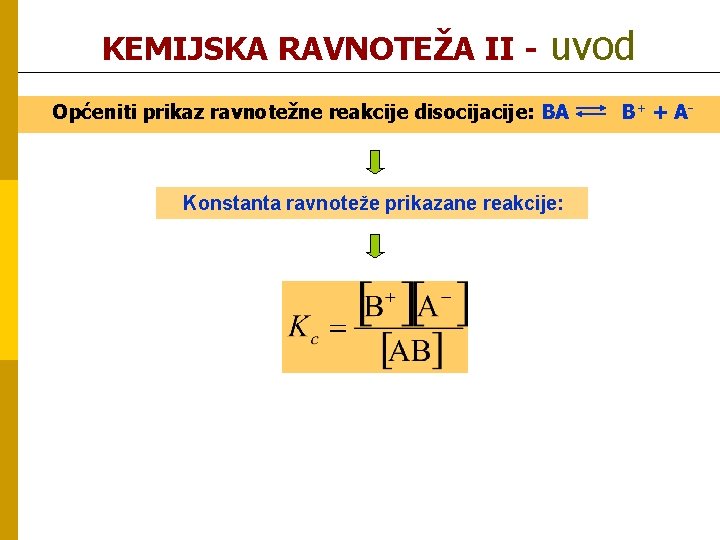 KEMIJSKA RAVNOTEŽA II - uvod Općeniti prikaz ravnotežne reakcije disocijacije: BA Konstanta ravnoteže prikazane