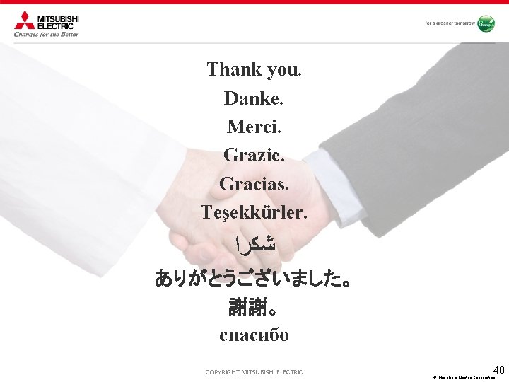 Thank you. Danke. Merci. Grazie. Gracias. Teşekkürler. ﺷﻜﺮﺍ ありがとうございました。 謝謝。 спасибо COPYRIGHT MITSUBISHI ELECTRIC