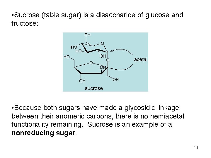  • Sucrose (table sugar) is a disaccharide of glucose and fructose: • Because