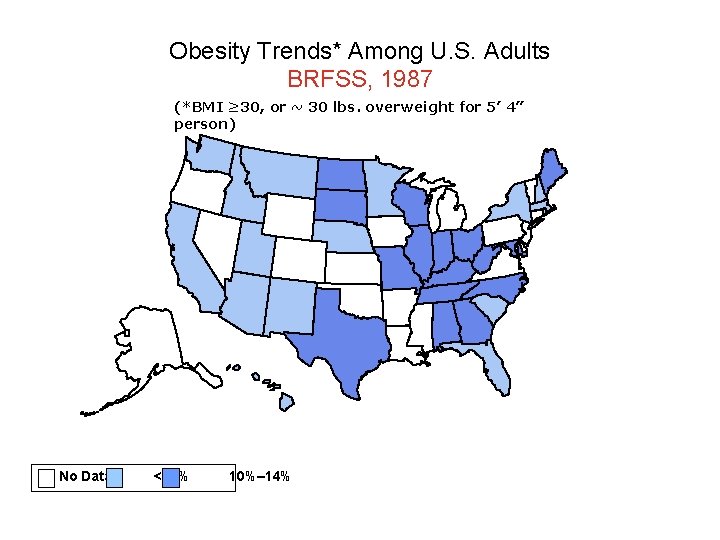 Obesity Trends* Among U. S. Adults BRFSS, 1987 (*BMI ≥ 30, or ~ 30